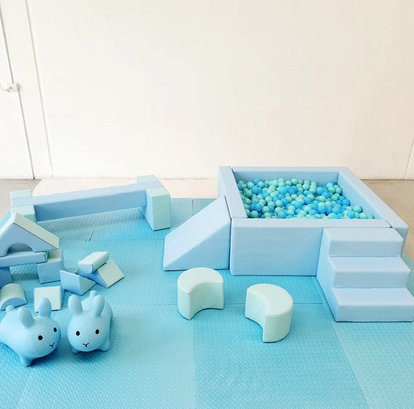 Pastel Blue Soft Play Set Ball Pit With Hoppers - Hire Perth